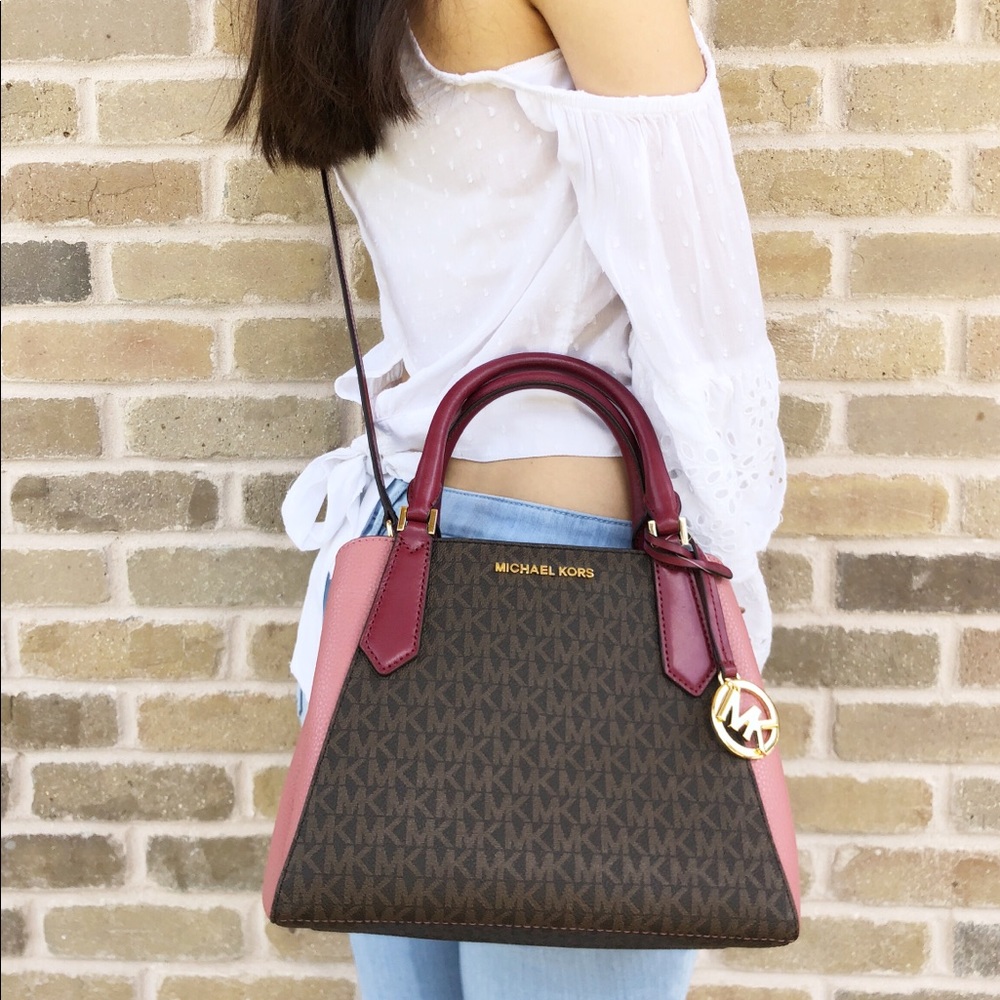 Gaby’sBags👜💕-Michael Kors Satchel Brown Mk Pink - Picture 4 of 8